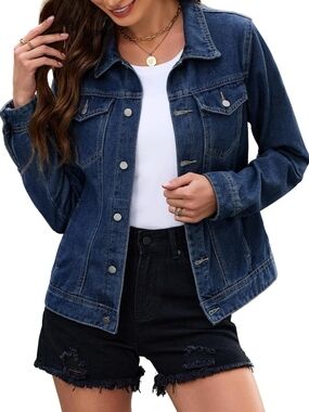 Classic Dark Blue Denim Jacket - Women's Casual Jean Coat